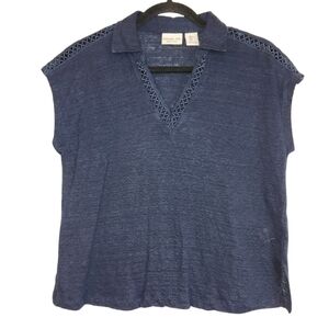 Rachel Zoe 100% Linen Navy Crochet-Trim Collar V-Neck Cap Sleeve Top Size L Soft